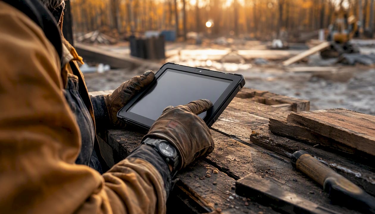 Hands using rugged tablet for field onboarding