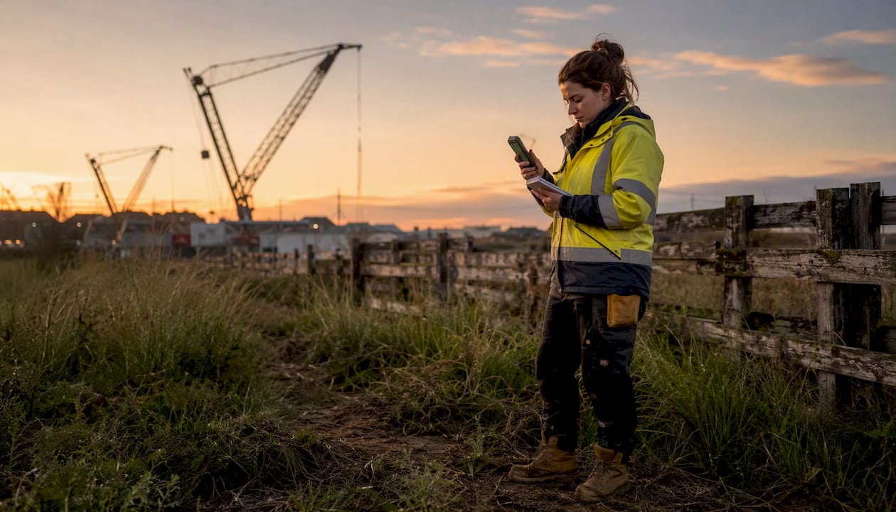 Technician using GPS device in industrial yard