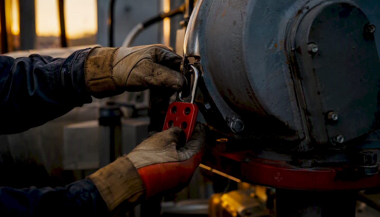 Gloved hand applying lockout tagout on equipment