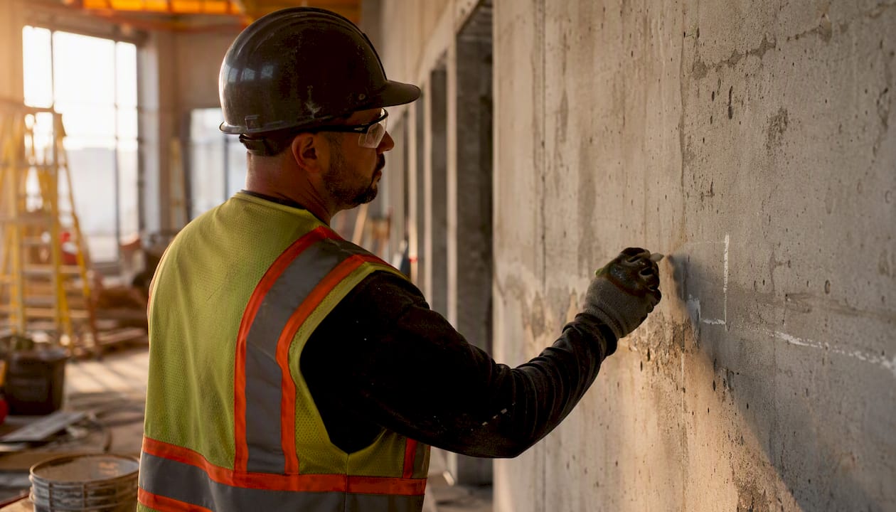 Hand marking progress on concrete wall with chalk