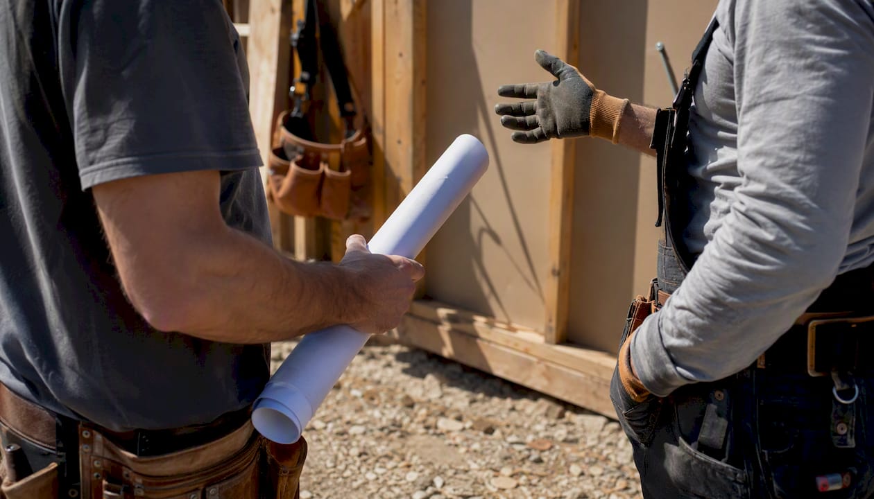 Tradesmen collaborating and checking conduit installation