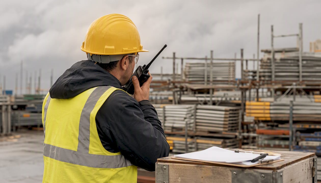 Worker performing emergency drill with radio