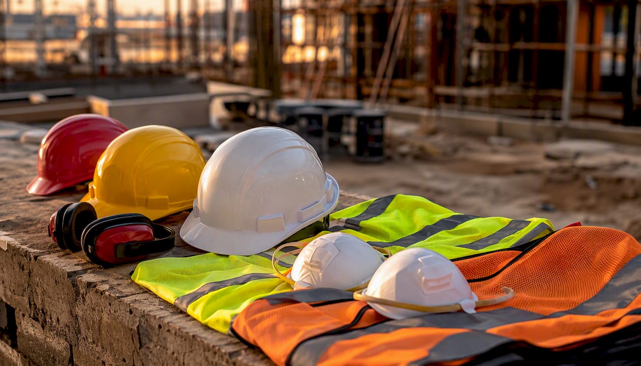 Safety gear and branded vests on bench