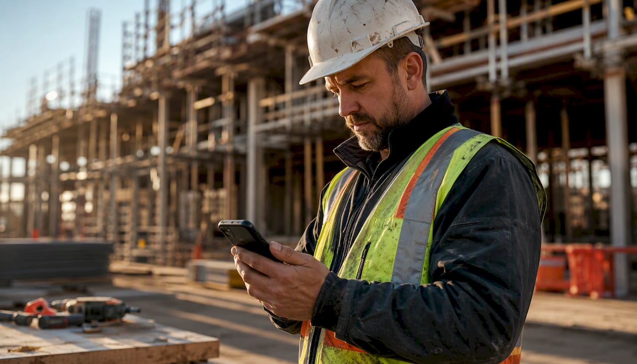 Foreman holding smartphone receiving update on jobsite