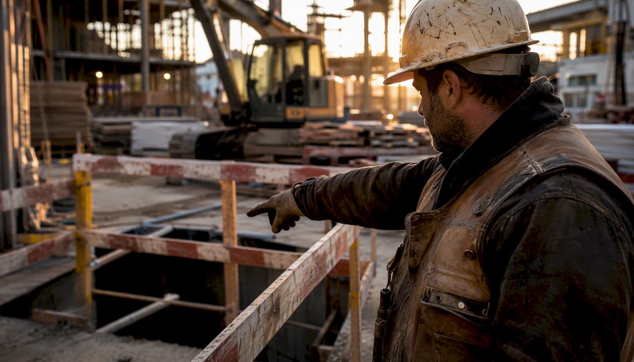 Worker pointing at unguarded floor opening hazard