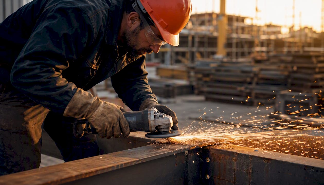 Worker grinding steel beam with sparks flying
