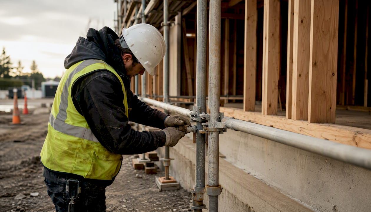 Competent person inspecting scaffold safety features