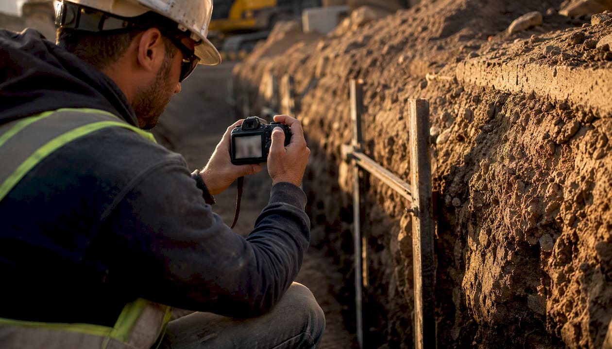 Worker photographing corrected trench shoring