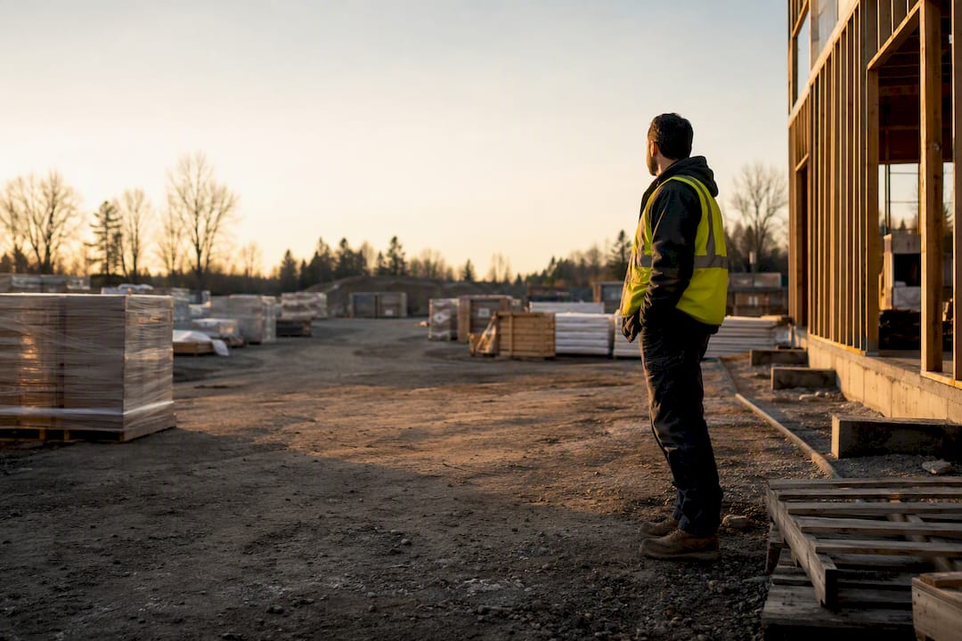 Construction site with delayed materials and idle worker