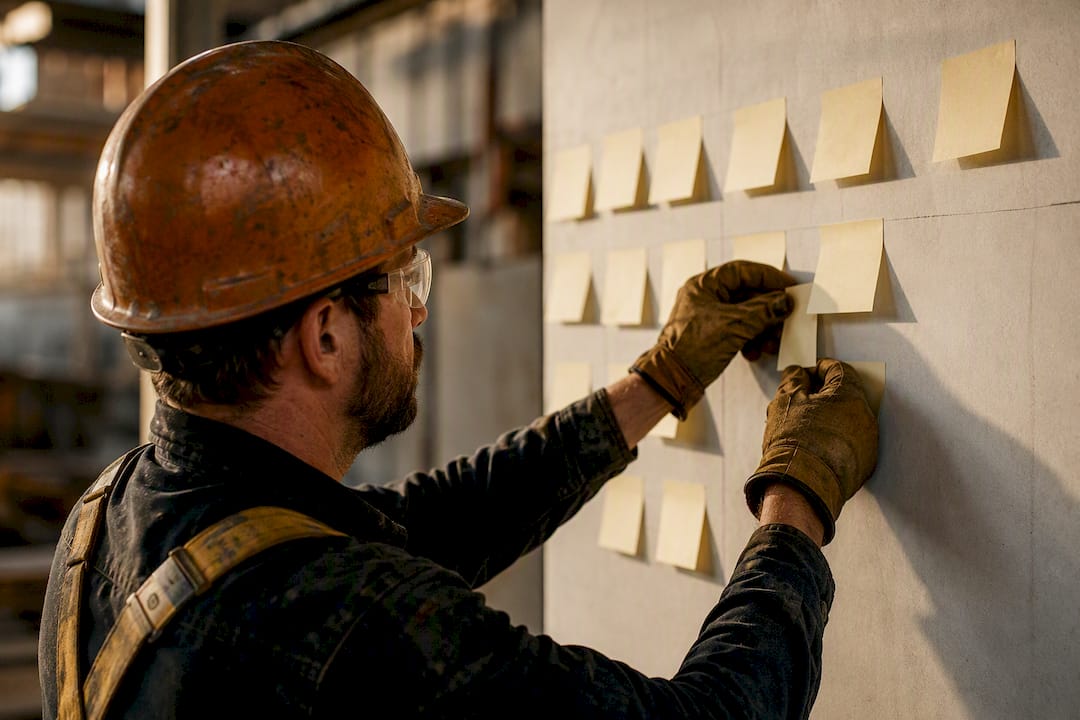 Hands marking value stream map sticky notes