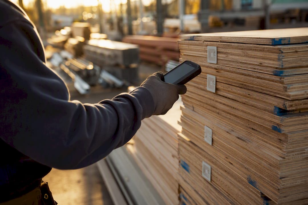 Worker scanning RFID tags on plywood stacks