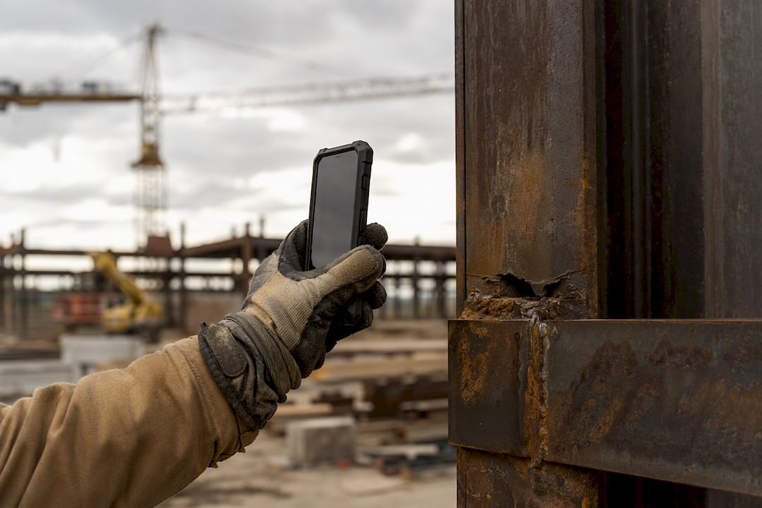 Hand photographing damaged steel beam onsite