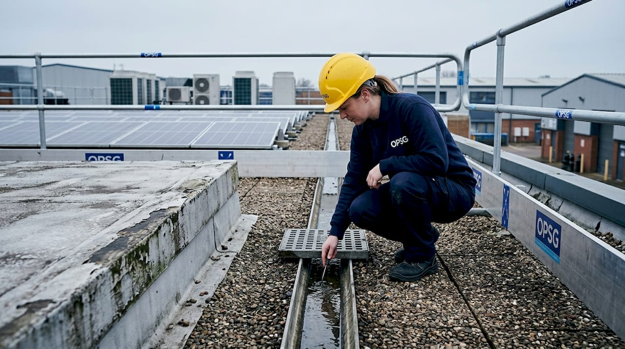 Technician inspecting drainage on flat roof
