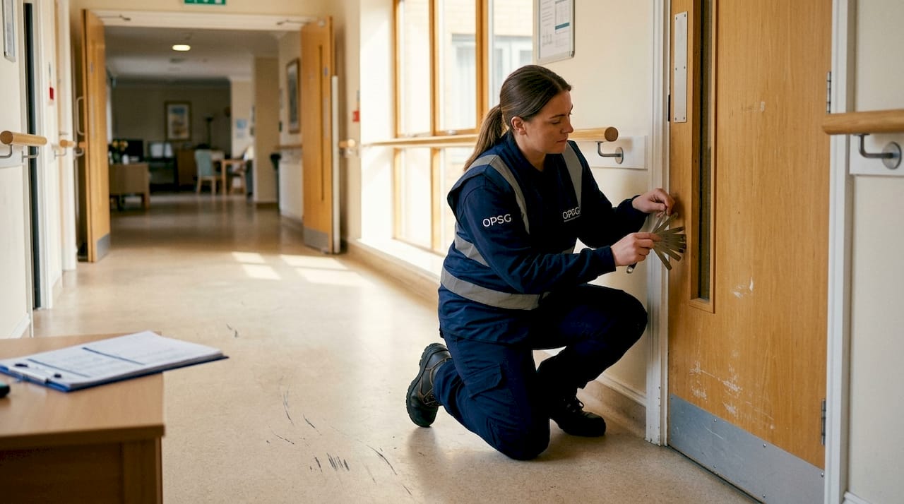 Close-up of fire door gap inspection in care home