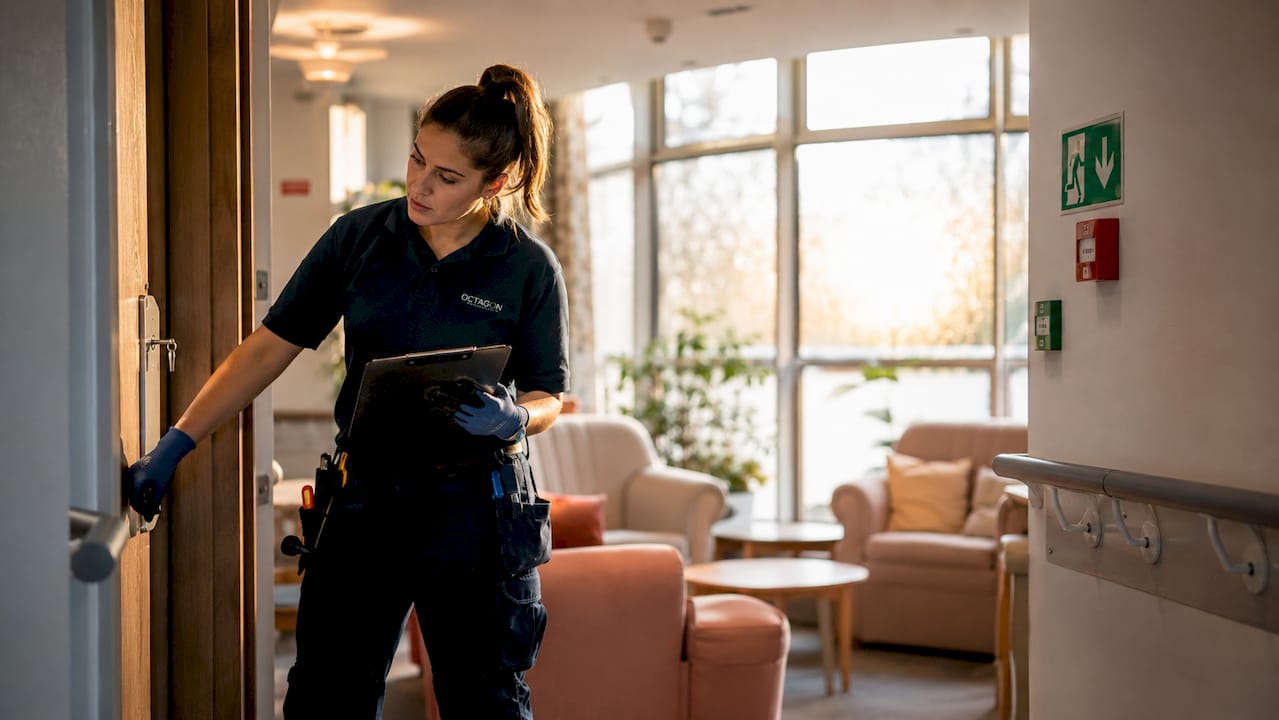 OPSG worker inspecting fire door in UK care building