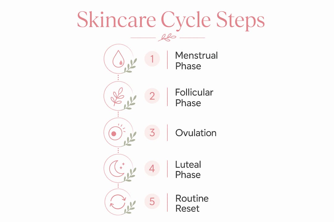 Infographic showing phased skincare routine steps across menstrual cycle