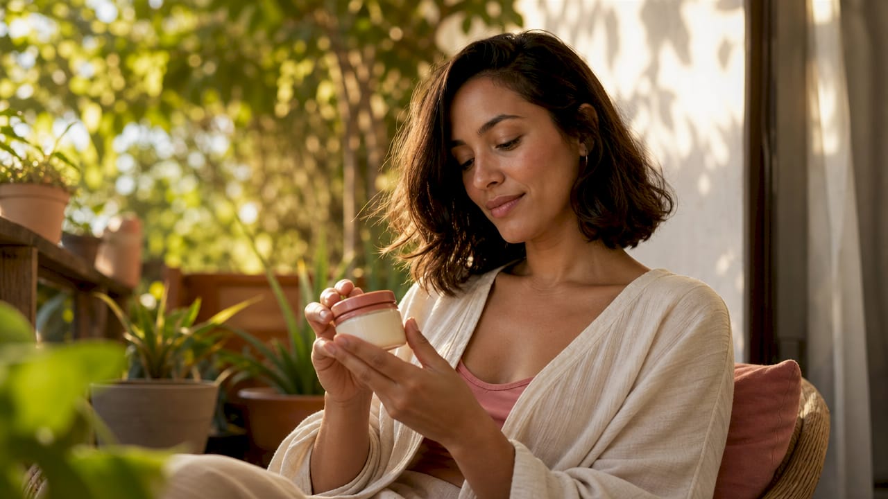 Woman examining skincare jar outdoors in spring garden