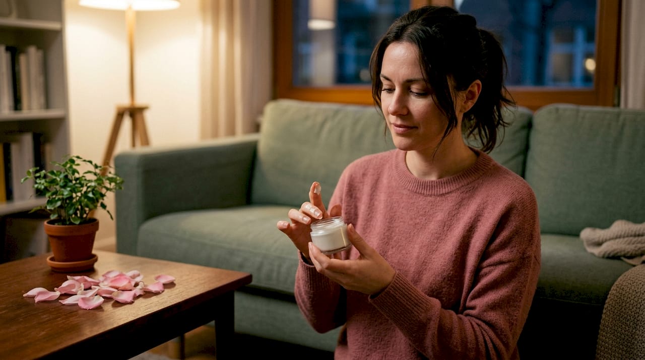 Close-up hands with new skincare cream jar