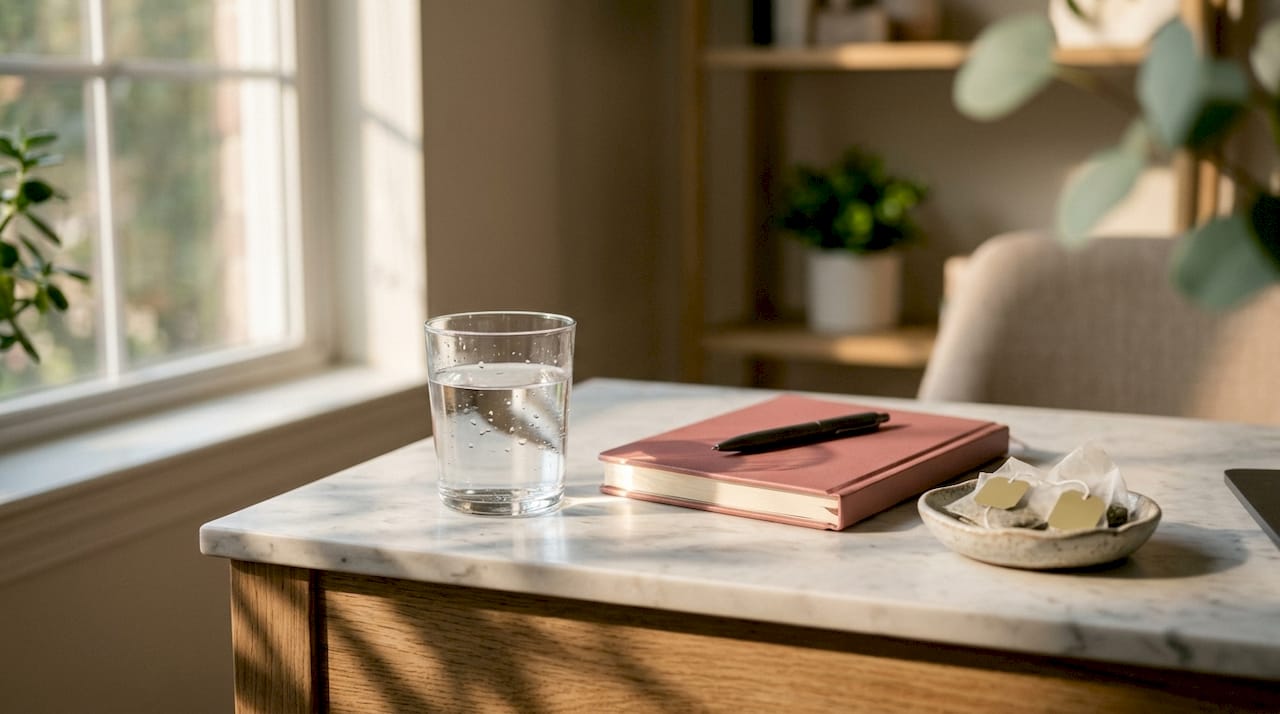 Glass of water and supplements on desk overhead.
