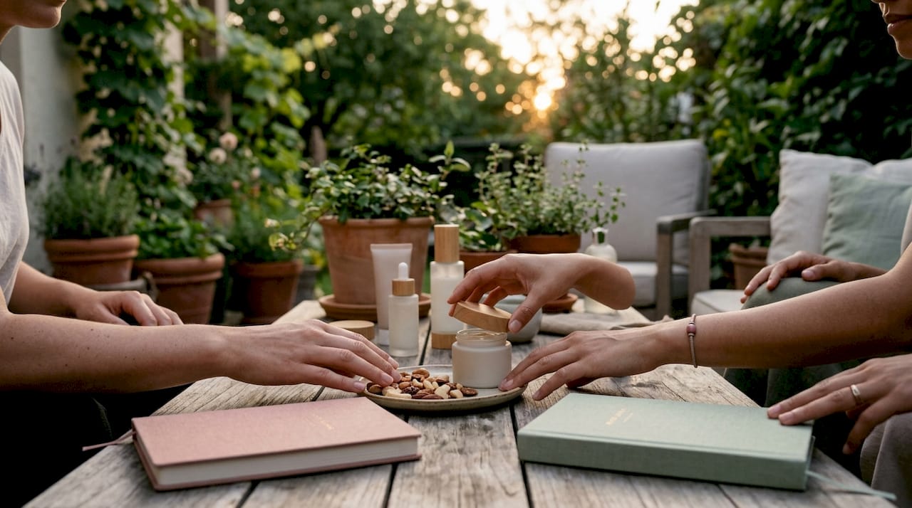 Hands with skincare and mood journals on desk