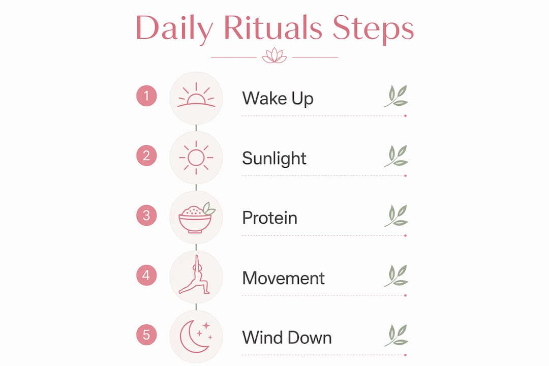 Infographic showing steps of daily rituals supporting hormone balance