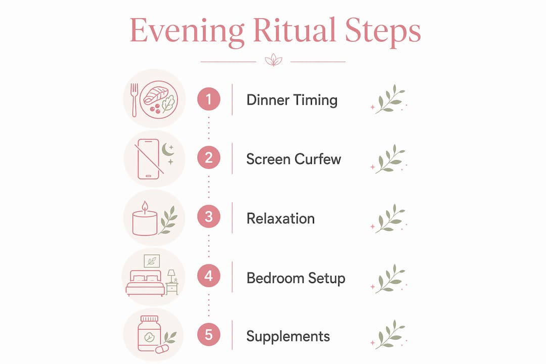 Infographic illustrating 5 steps of evening ritual for hormonal balance