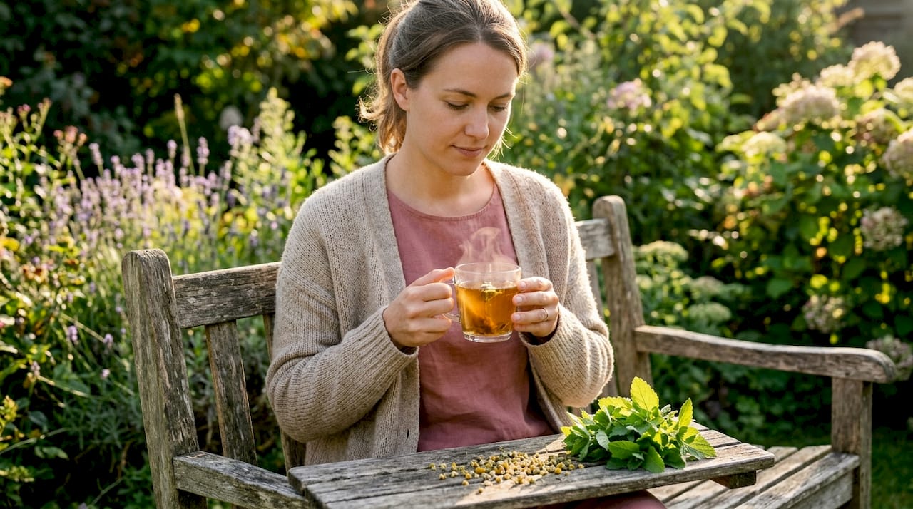 Hands holding chamomile tea with herbs on counter