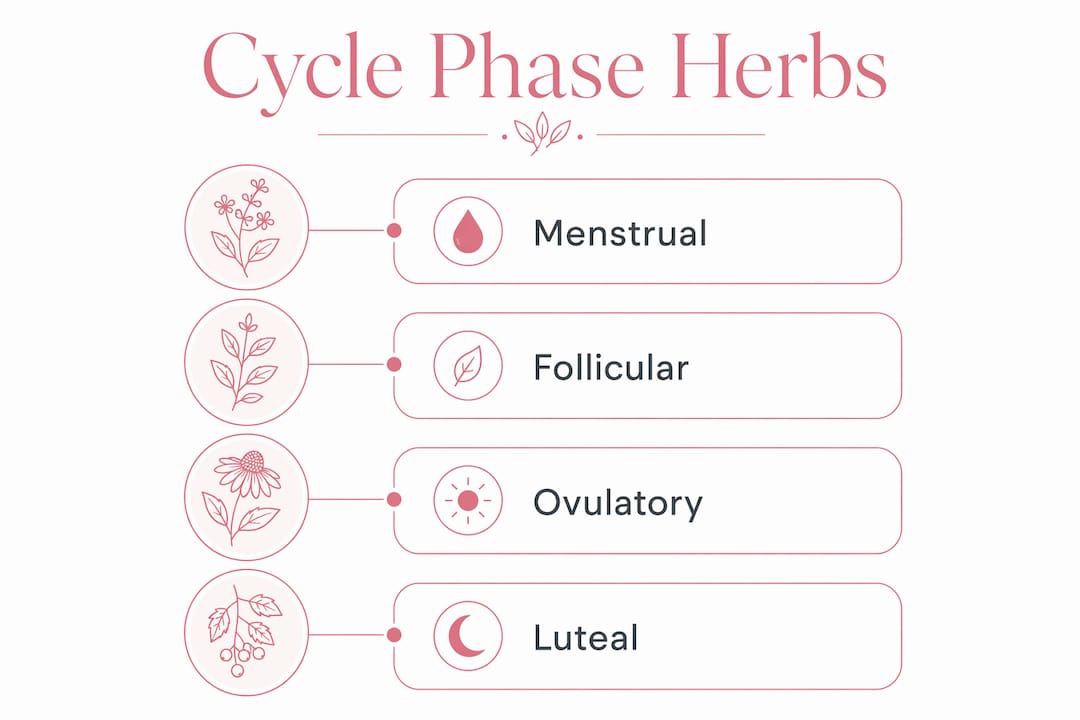 Infographic illustrating menstrual cycle phases with herbal recommendations