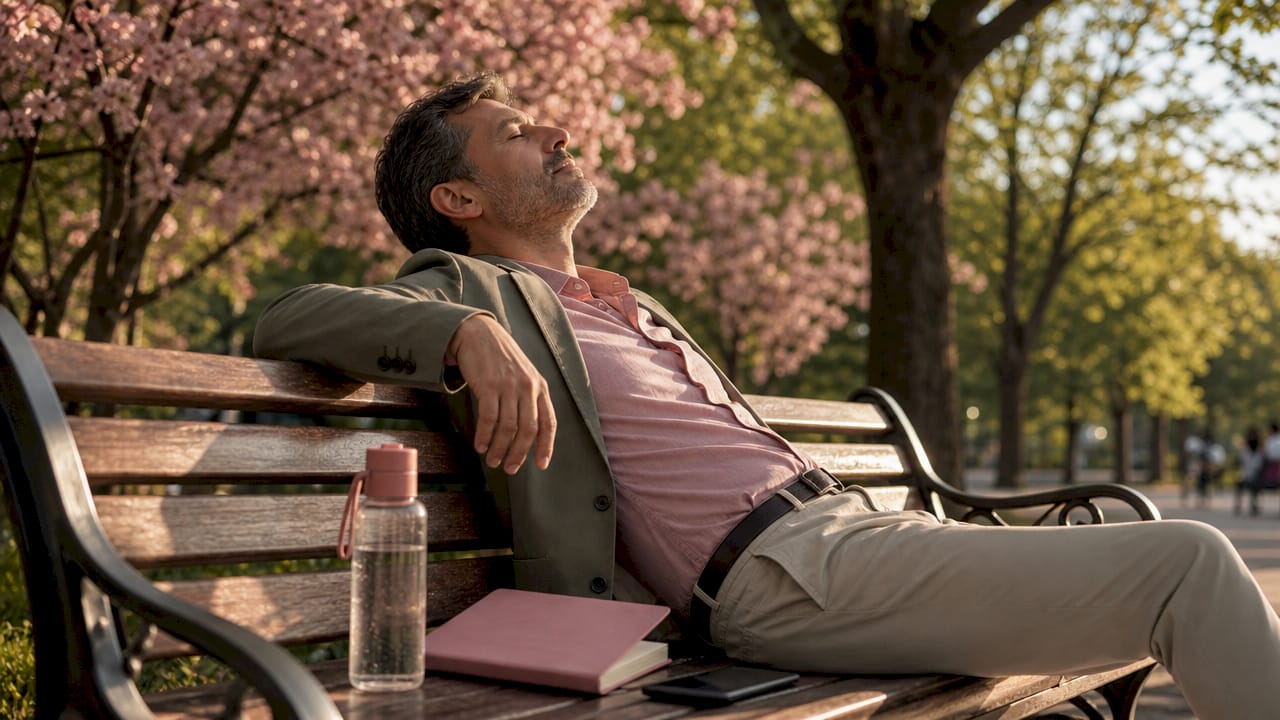 Man showing decision fatigue at café table outside