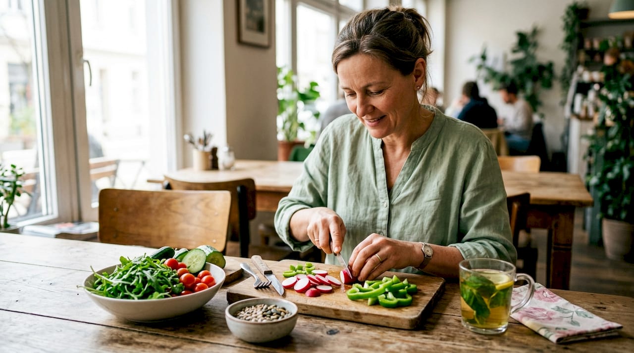 Woman preparing healthy salad in kitchen