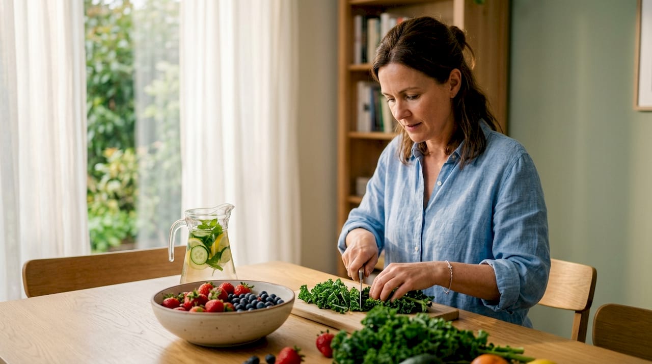 Hands preparing fresh nutritious meal ingredients