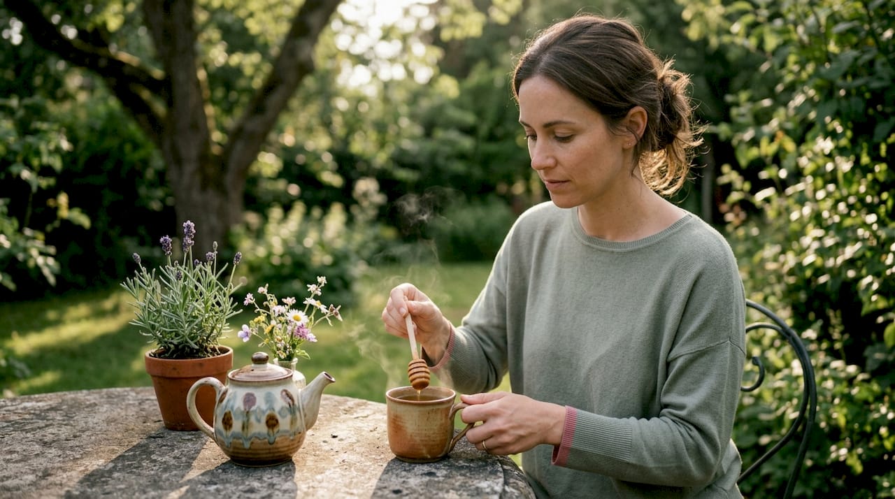 Close-up of hand making herbal tea for hormonal relief