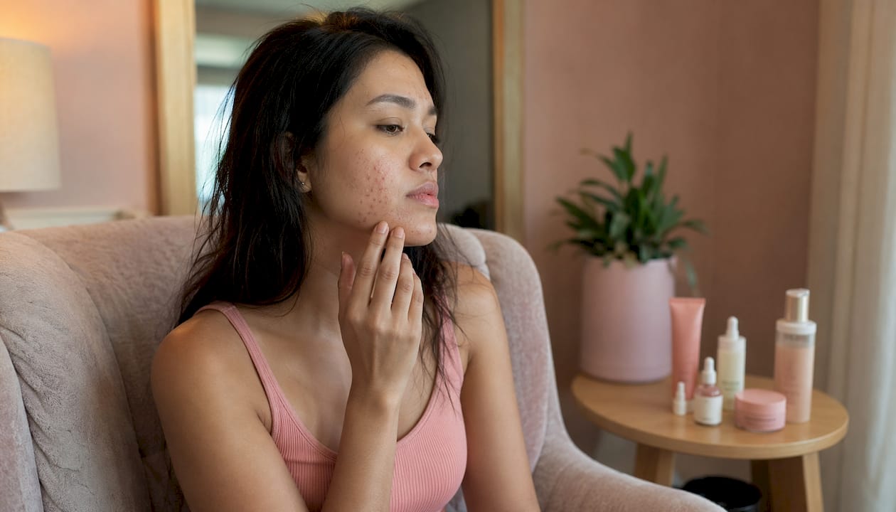 Side profile woman touching acne-affected jawline