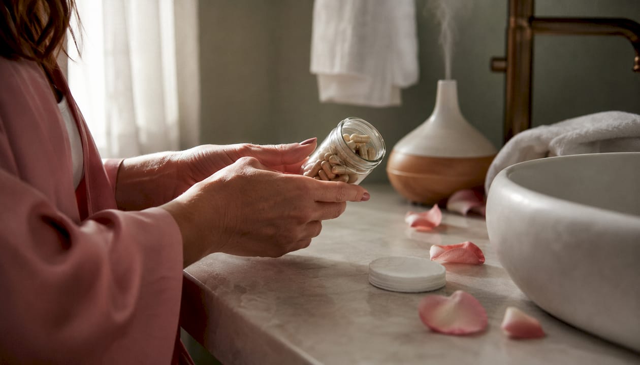 Hands holding probiotic capsules by facial cleanser