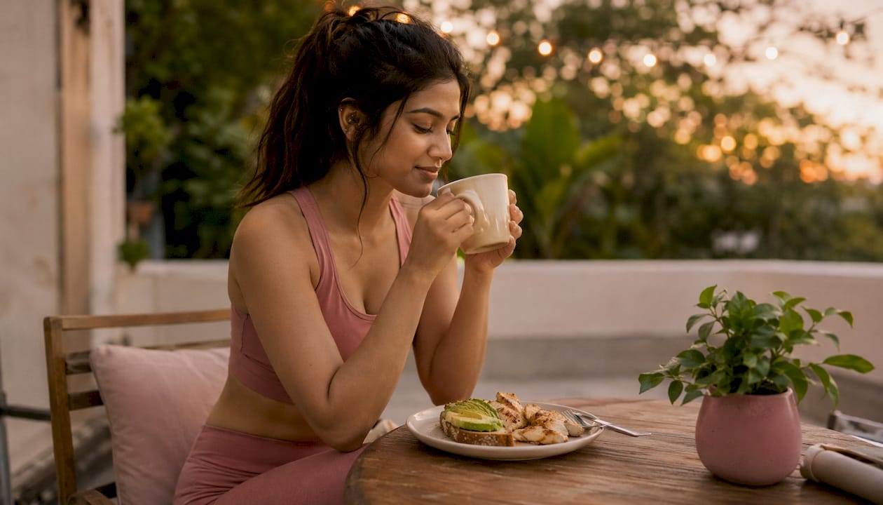 Woman eating balanced meal in café