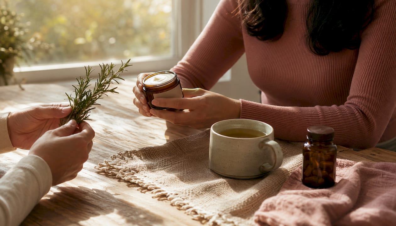 Diverse hands holding women's wellness products