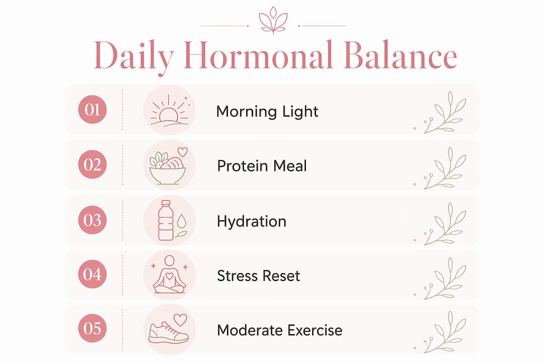 Infographic illustrating daily routine steps for hormonal balance