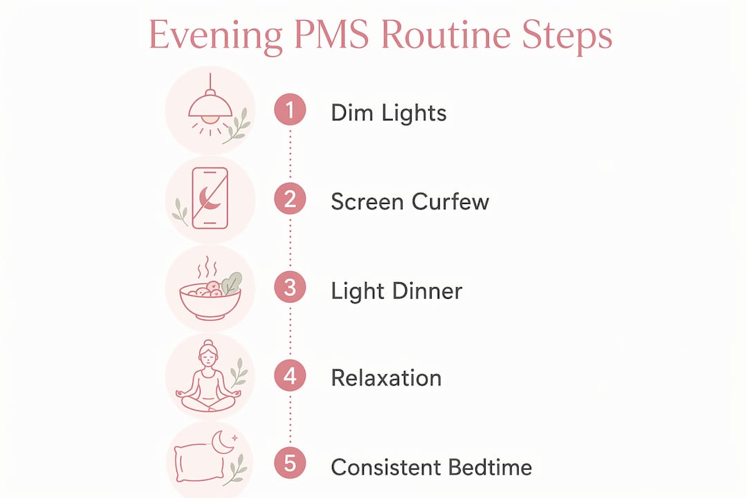 Infographic illustrating evening routine steps for reducing PMS