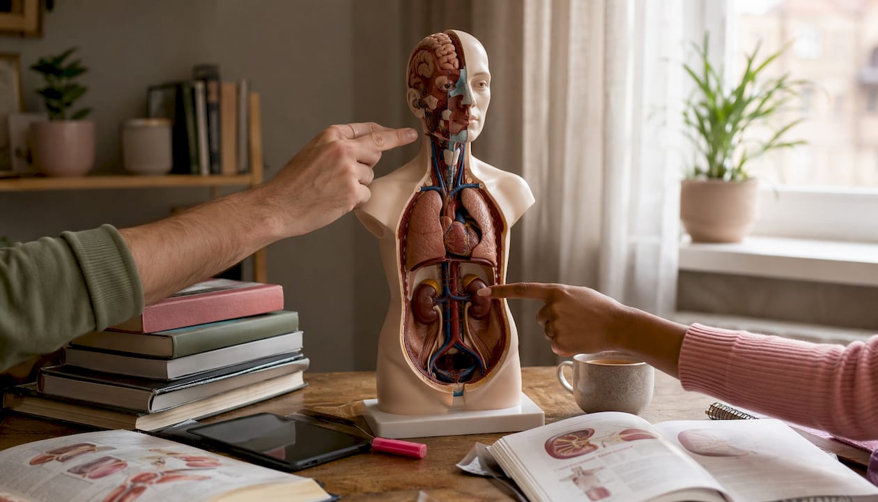 Hands pointing to endocrine glands on anatomy model