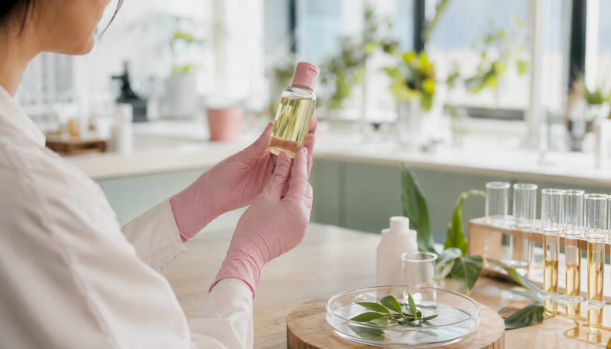Lab hands holding vulvar wash bottle and leaves