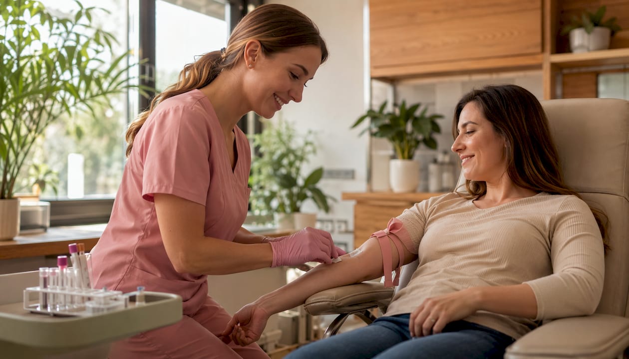 Nurse assisting woman during blood donation procedure