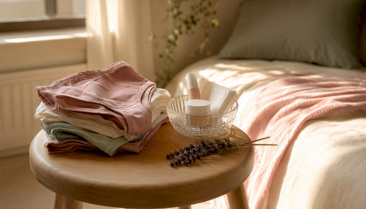 Stack of cotton underwear with skincare items