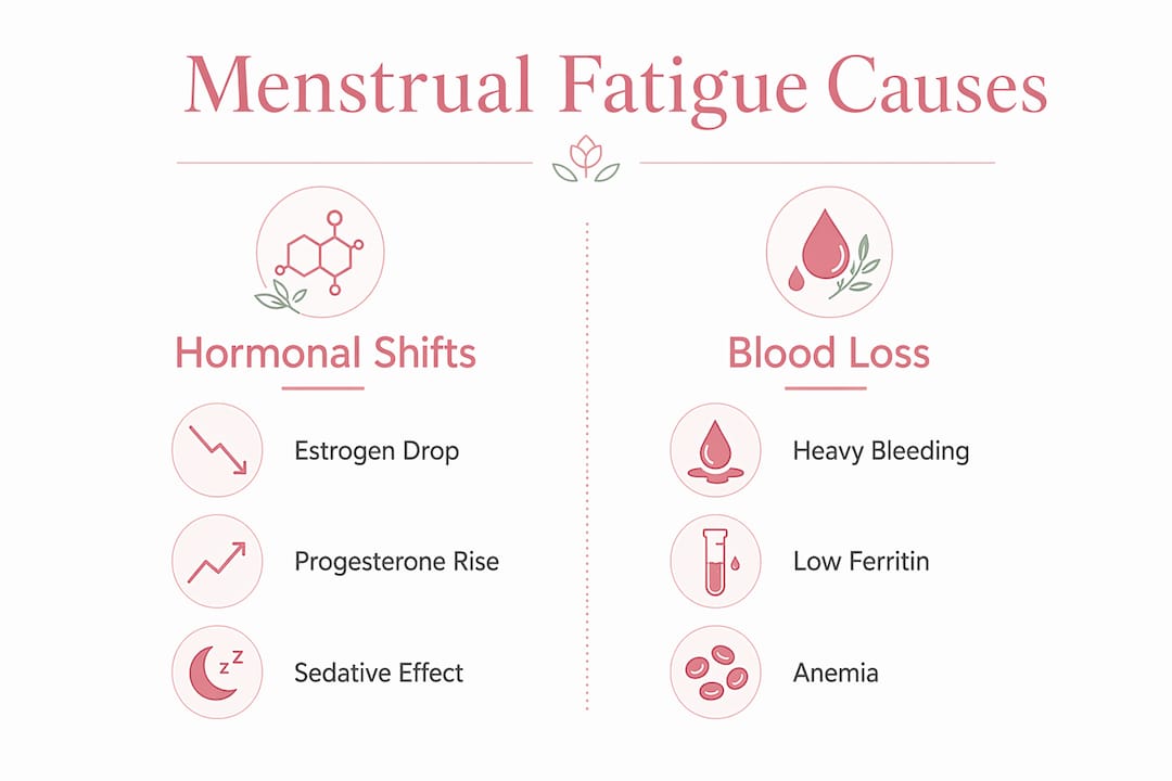 Infographic showing causes of menstrual fatigue