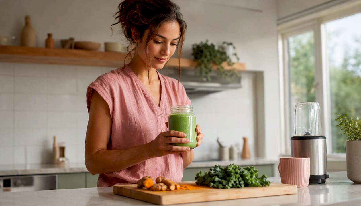 Woman making probiotic smoothie in kitchen