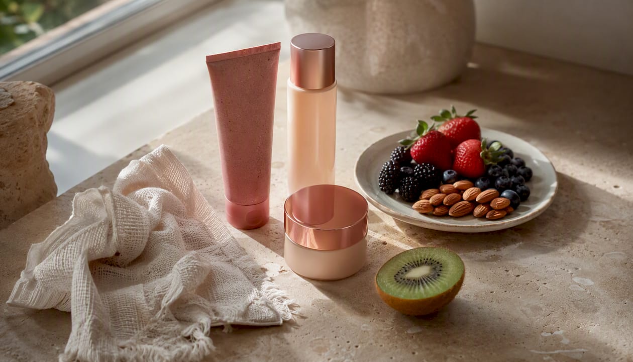 Skincare products and healthy foods flat lay