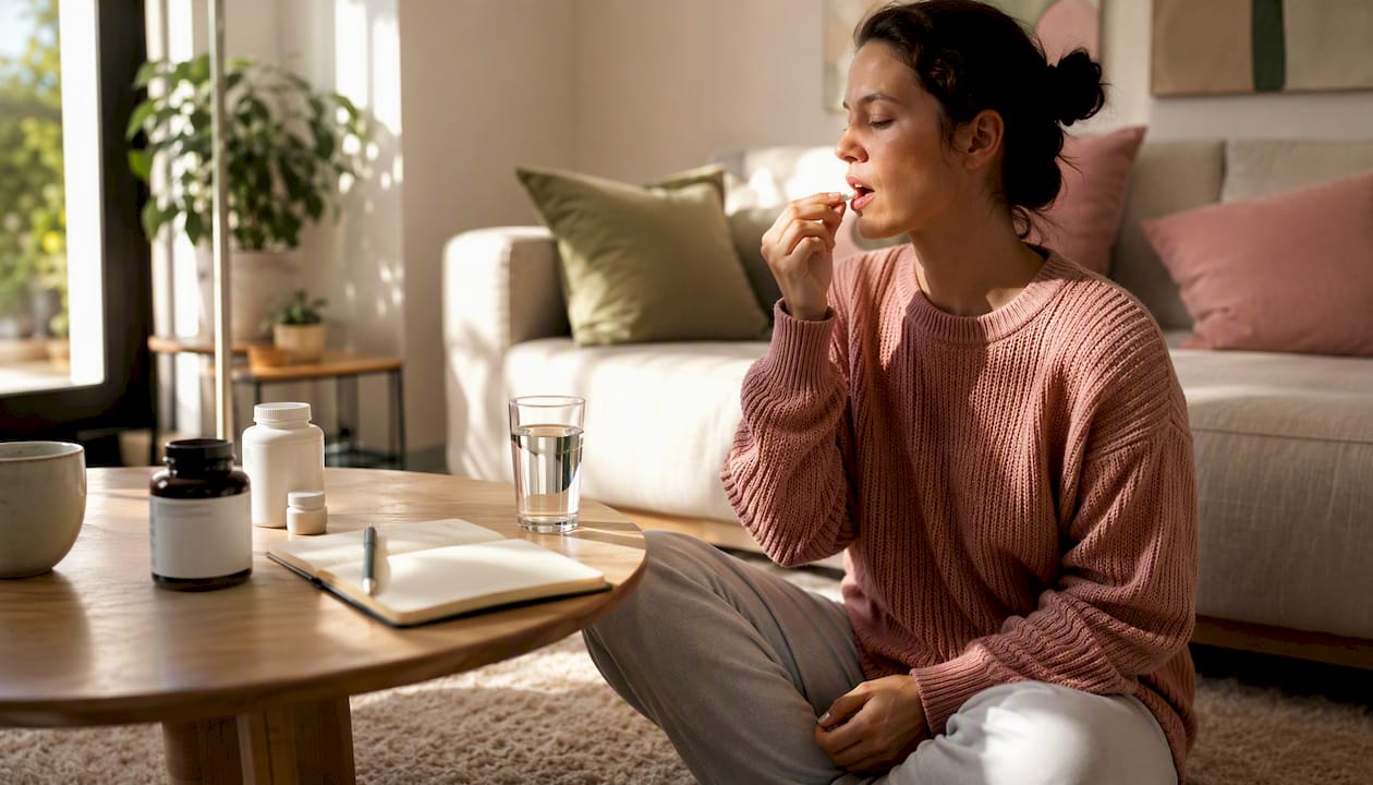 Woman taking magnesium and vitamin B6 supplement