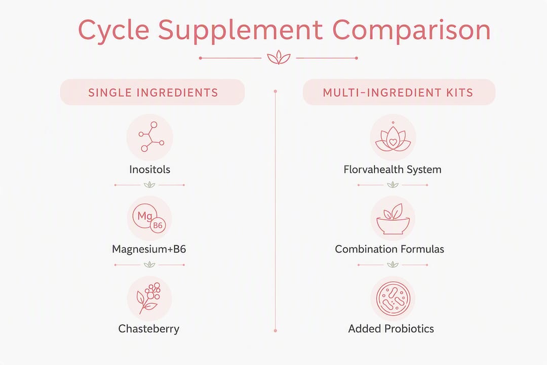 Infographic comparing single ingredient supplements and multi-ingredient kits for cycle regulation