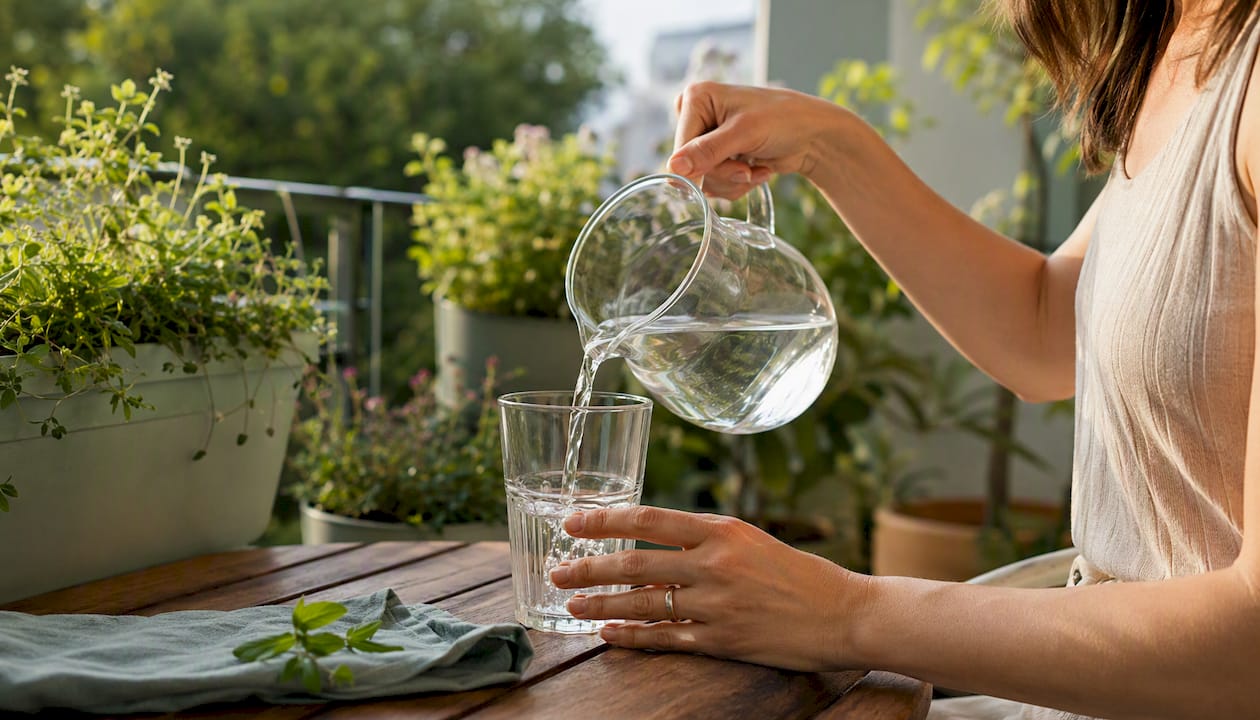 Hands pouring water into glass for morning hydration