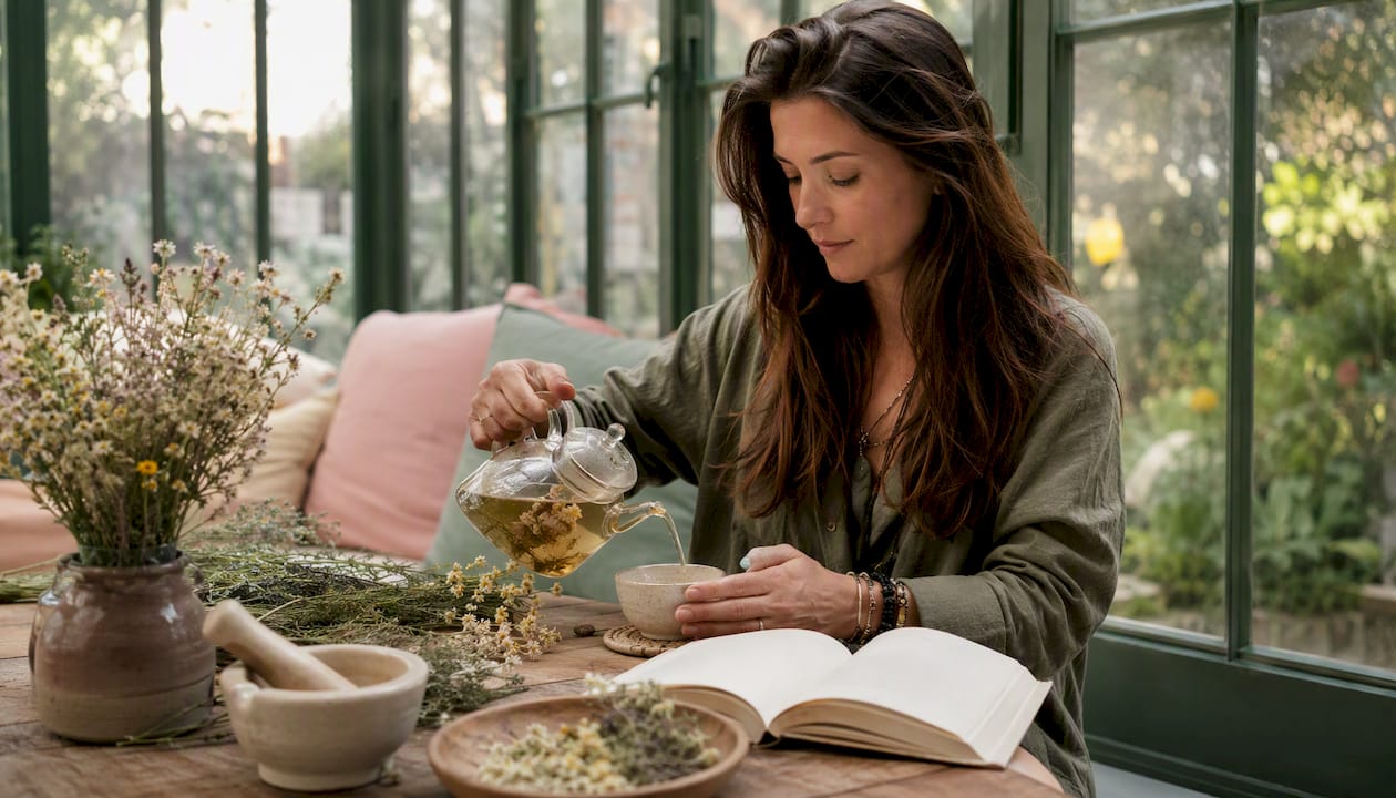 Pouring chamomile tea for symptom relief