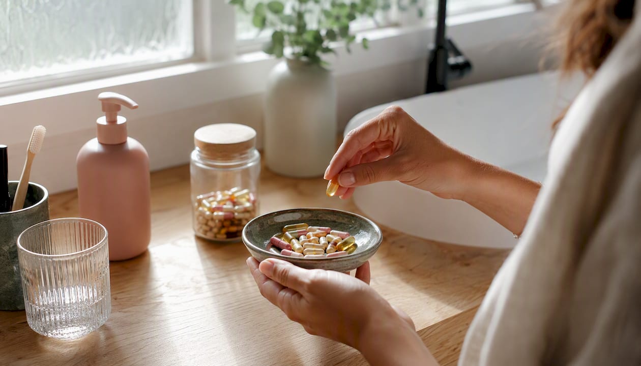 Hands picking probiotic capsule near jar